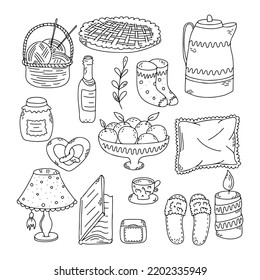 Hygge elements in hand drawn doodle style. Merry Christmas and winter elements for card, banner, background. Vector illustrations.