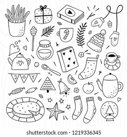 Hygge elements outline collection. Cozy home lifestyle objects on white background. Winter and autumn cute doodles