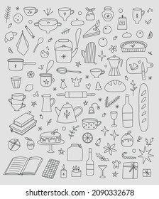 Rahmenkollektion für Hyge-Elemente Gemütliche Lifestyle-Objekte auf weißem Hintergrund. Winter und Herbst süße Doodle-Symbole. Vektor, isoliert eps10
