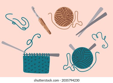 Hyge Abend zum Stricken. Handgefertigte Arbeit. Weltknittertag an öffentlichen Orten, Strickbälle. Vektorsüße, flache Cartoon-Illustration. Hobby Zeit. Handgefertigtes Konzept.