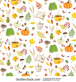 Hygge fall seamless pattern in flat design. Autumn set of cute cozy design elements. 