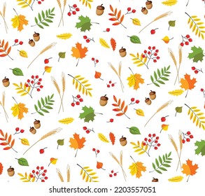 Hygge fall seamless pattern in flat design. Autumn set of cute cozy design elements. 