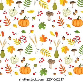 Hygge fall seamless pattern in flat design. Autumn set of cute cozy design elements. 