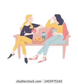 Hygge is fine company. Two girls talking and drink coffee with buns. Lagom life. Cute color. Friendly meeting. Colored vector illustration in flat cartoon style. 