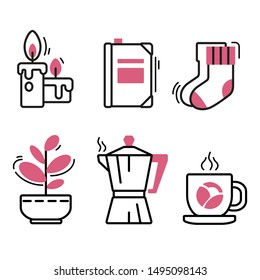 Hygge flat icons set. Collection of six cozy symbols including cup, plant, book, socks, candles and coffee maker