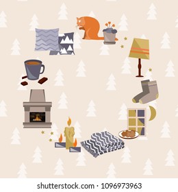 Hygge frame. Vector illustration with cozy home things like candles, socks, wrap, cocoa, fireplace. Danish hapiness concept. Greeting card template