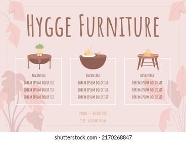 Hygge furniture flat vector banner template. Home interior design tips poster, leaflet printable color designs. Comfortable living. Editable flyer page with text space. Amatic SC font used