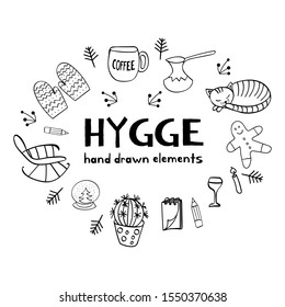 Hygge hand drawn elements. Outline black and white objects for cozy design. Vector illustartion.