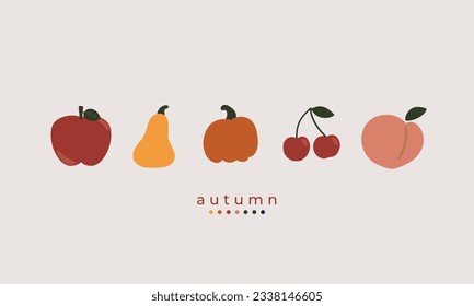 handgezeichnete Illustrationssatz süßer Herbstelemente: Apfel, Schmetterlinge, Kürbisgewürz, Kirschen, Pfirsich. Herbstposter, Karte, Scrapbooking, Tag, Einladung, Kopfende