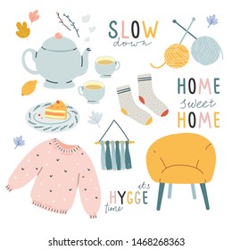 Hygge hand drawn illustrations collection. Idea of scandinavian coziness and comfortable lifestyle. Chair, sweater, socks, tea pot and cake on plate. Home elements isolated on white background.