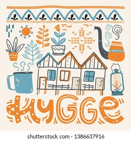 Hygge. Hand lettering with design elements in the square. Vector illustration, flat naive style