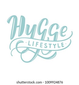 Hygge. Hand lettering on white background in pastel colors on theme of hygge lifestyle. Danish happiness. Vector illustration