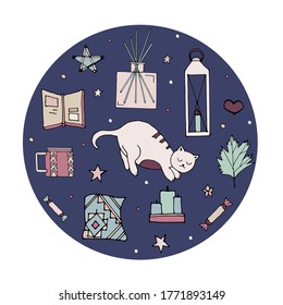 Hygge handdrawn sketch illustration. Scandinavian drawing with cat,pillow,book,candelstick,star.Different cozy elements in the circle.Night drawing of a sleeping cat