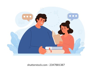 Hygge. Happy child and dad character relaxing at home, weekend leisure time time with a family. Slow lifestyle approach. Idea of coziness and comfort. Body and mind balance. Flat vector illustration