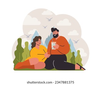 Hygge. Happy couple relaxing at outside, family members leisure time on a picnic in the park. Slow lifestyle approach. Idea of coziness and comfort. Body and mind balance. Flat vector illustration