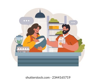 Hygge. Happy people relaxing at home, family members cooking together. Slow lifestyle approach. Idea of coziness and comfort. Body and mind balance. Flat vector illustration