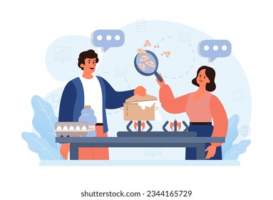 Hygge. Happy people relaxing at home, family members cooking together. Slow lifestyle approach. Idea of coziness and comfort. Body and mind balance. Flat vector illustration