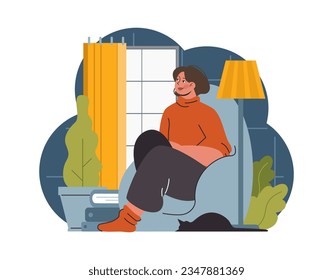 Hygge. Happy woman relaxing at home, weekend leisure time. Slow lifestyle approach. Idea of coziness and comfort. Body and mind balance. Flat vector illustration