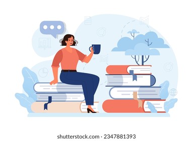 Hygge. Happy woman relaxing at home, weekend leisure time. Slow lifestyle approach. Idea of coziness and comfort. Body and mind balance. Flat vector illustration