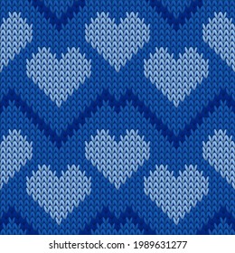 Hygge heart knit nordic vector seamless pattern. Knitted imitation valentine ornament. Sweater snug heart knit cloth fabric love symbols pattern. Knitwear fashion.