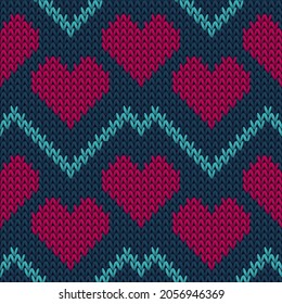 Hygge heart knit nordic vector seamless pattern. Knitted crochet valentine ornament. Sweater peculiar heart knit cloth textile love symbols pattern. Knitwear fashion.