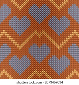 Hygge heart knit nordic vector seamless pattern. Knitwear texture valentine ornament. Jumper tidy heart knit cloth fabric love symbols pattern. Knitting design.