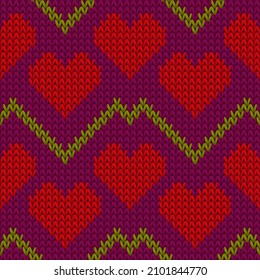 Hygge heart knit nordic vector seamless pattern. Knitting crochet valentine ornament. Jumper snug heart knit cloth fabric love symbols pattern. Knitwear design.