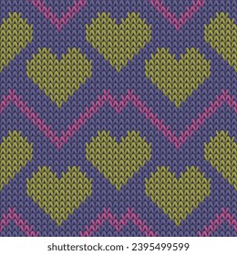 Hygge heart knit nordic vector seamless pattern. Knitted texture valentine ornament. Woolen unusual heart knit cloth fabric love symbols pattern. Knitted design.