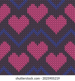 Hygge heart knit norwegian vector seamless pattern. Knitted texture valentine ornament. Sweater snug heart knit cloth fabric love symbols pattern. Knitted fashion.