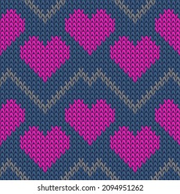 Hygge heart knit norwegian vector seamless pattern. Knitwear imitation valentine ornament. Sweater peculiar heart knit cloth textile love symbols pattern. Knitwear design.