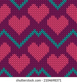 Hygge heart knit norwegian vector seamless pattern. Knitwear imitation valentine ornament. Woolen peculiar heart knit cloth textile love symbols pattern. Knitted fashion.