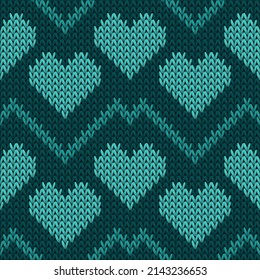 Hygge heart knit norwegian vector seamless pattern. Knitted texture valentine ornament. Woolen tidy heart knit cloth fabric love symbols pattern. Knitwear design.