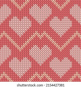 Hygge heart knit norwegian vector seamless pattern. Knitted imitation valentine ornament. Sweater peculiar heart knit cloth textile love symbols pattern. Knitwear fashion.