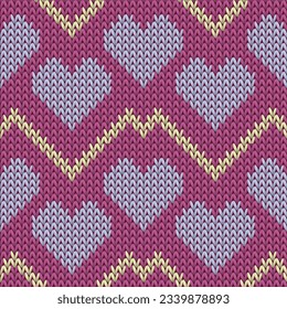 Hygge heart knit norwegian vector seamless pattern. Knitting texture valentine ornament. Woolen trim heart knit cloth fabric love symbols pattern. Knitwear fashion.