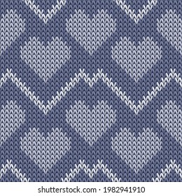 Hygge heart knit scandinavian vector seamless pattern. Knitting crochet valentine ornament. Woolen peculiar heart knit cloth textile love symbols pattern. Knitwear design.