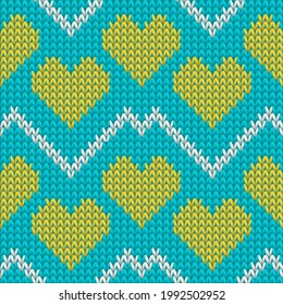 Hygge heart knit scandinavian vector seamless pattern. Knitted crochet valentine ornament. Woolen peculiar heart knit cloth fabric love symbols pattern. Knitwear fashion.