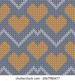 Hygge heart knit scandinavian vector seamless pattern. Knitted imitation valentine ornament. Woolen peculiar heart knit cloth textile love symbols pattern. Knitted design.