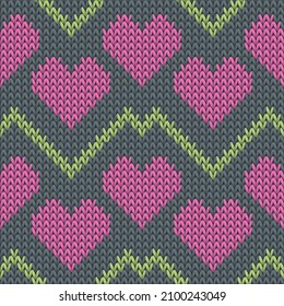 Hygge heart knit scandinavian vector seamless pattern. Knitwear texture valentine ornament. Sweater unusual heart knit cloth fabric love symbols pattern. Knitted fashion.