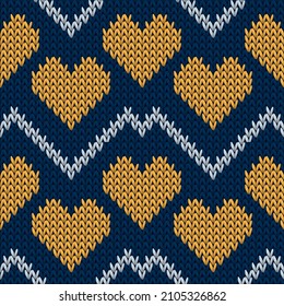Hygge heart knit scandinavian vector seamless pattern. Knitting imitation valentine ornament. Sweater trim heart knit cloth fabric love symbols pattern. Knitwear fashion.