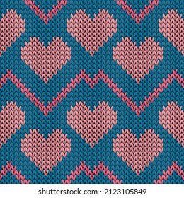 Hygge heart knit scandinavian vector seamless pattern. Knitted texture valentine ornament. Sweater peculiar heart knit cloth fabric love symbols pattern. Knitting fashion.