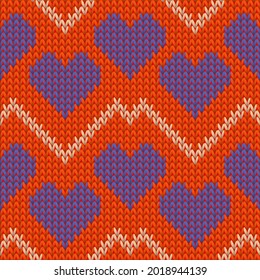 Hygge heart knit traditional vector seamless pattern. Knitting crochet valentine ornament. Woolen peculiar heart knit cloth textile love symbols pattern. Knitwear design.