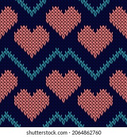 Hygge heart knit traditional vector seamless pattern. Knitwear imitation valentine ornament. Sweater snug heart knit cloth textile love symbols pattern. Knitwear fashion.