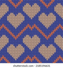 Hygge heart knit traditional vector seamless pattern. Knitwear texture valentine ornament. Sweater snug heart knit cloth textile love symbols pattern. Knitting design.