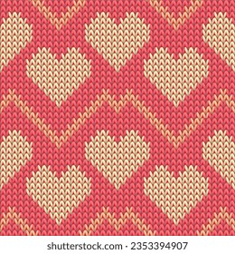 Hygge heart knit traditional vector seamless pattern. Knitwear imitation valentine ornament. Jumper snug heart knit cloth fabric love symbols pattern. Knitwear fashion.