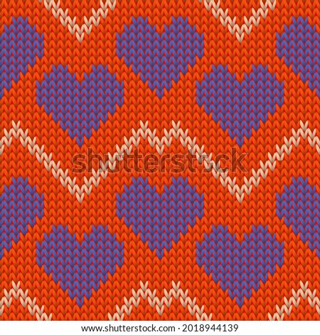 Hygge heart knit traditional vector seamless pattern. Knitting crochet valentine ornament. Woolen peculiar heart knit cloth textile love symbols pattern. Knitwear design.