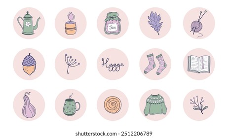 Hygge highlight covers for social media. Set of cute doodle style Autumn clip art. Hand drawn icons with cozy Fall elements. Stickers, weekly planner elements.  
