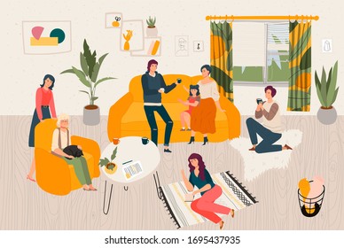 Hygge home big family together, people siiting in scandinavian style room spending time at cosy home flat vector illustration. Mother, father, daughter, grandmother with cat in armchair hyggie home.