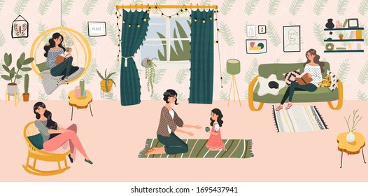 Concepto de hogar gigantesco, mujeres y niñas sentadas en habitación de estilo escandinavo que pasan tiempo en la acogedora ilustración portadora plana de casa. La mujer lee un libro en un sillón, juega con su hija en una habitación con muebles de higaditos.