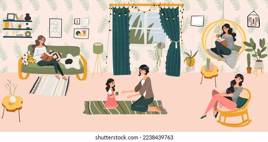 Hygge home concept, women and girl siiting in scandinavian style room spending time at cosy home flat vector illustration.