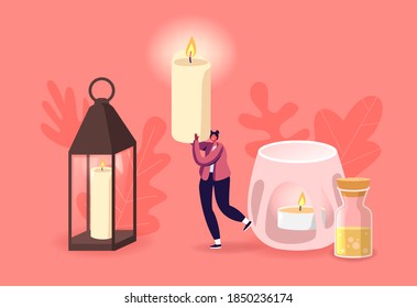 Dekorative Elemente des Hyge-Home-Designs, Spa- oder Ferienwohnungen. Winzige weibliche Charaktere tragen riesige Brennwellen oder Paraffin-Aromadenkanddel für die Aroma-Therapie-Entspannung. Cartoon-Vektorgrafik